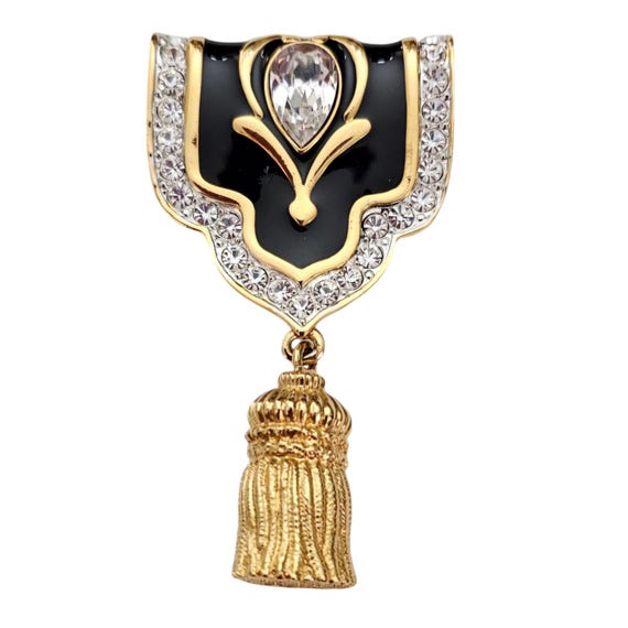 Crystalline Brooch, Black Enamel, Clear Crystal Shield Tassel Pin, Pendant L505