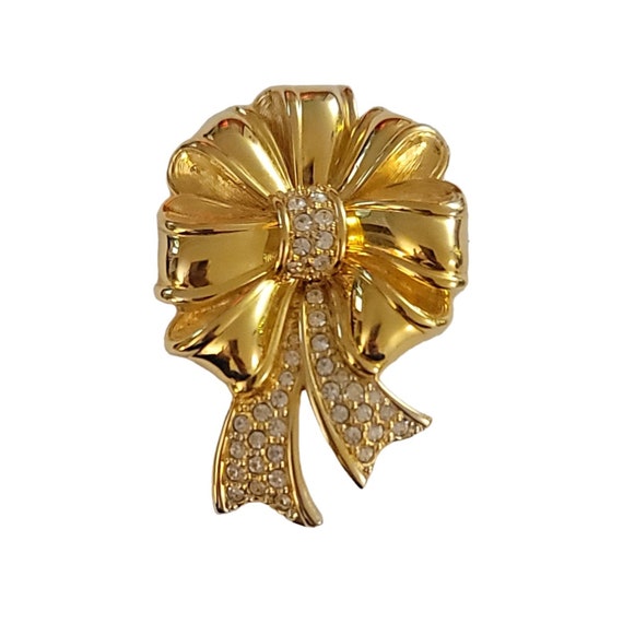 Swarovski Swan Signed Gold Tone Clear Crystal Ribbon Bow Brooch Pin K924