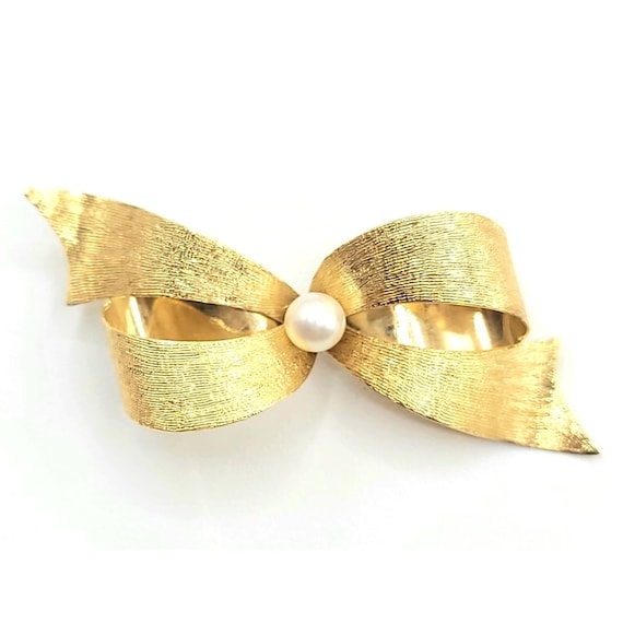 14k Yellow Gold Center Pearl Bow Brooch, 6.8 G