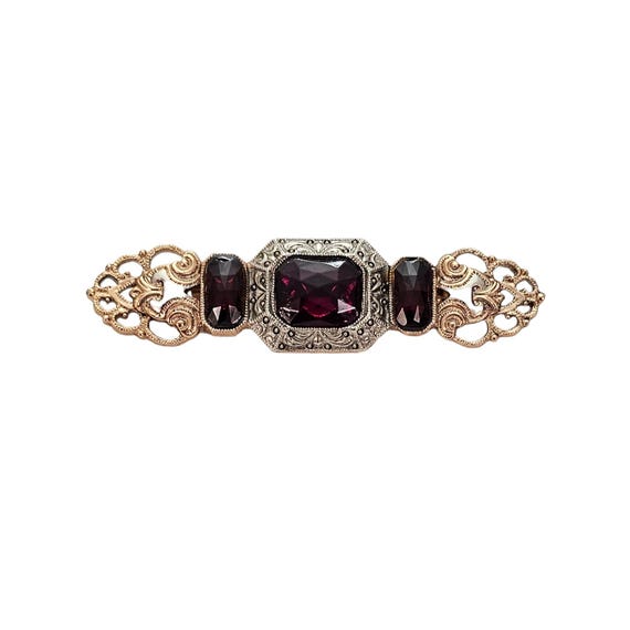 1928 Brand Red Glass Faceted Victorian Style Bar Brooch Pin L411