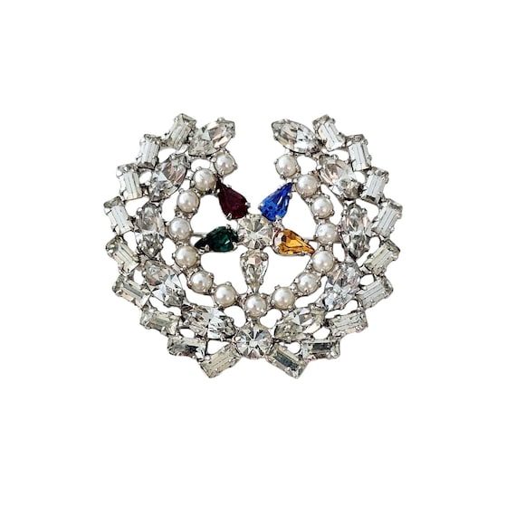 B David Laurel Brooch, Star Faux Pearl Rhinestone Pin Signed