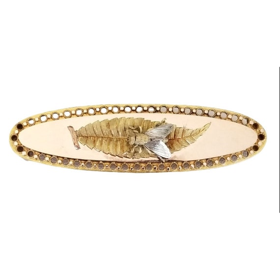 14k Yellow Gold Victorian C-Style Clasp Oval, Leaf, Fly Bar Pin Brooch M595