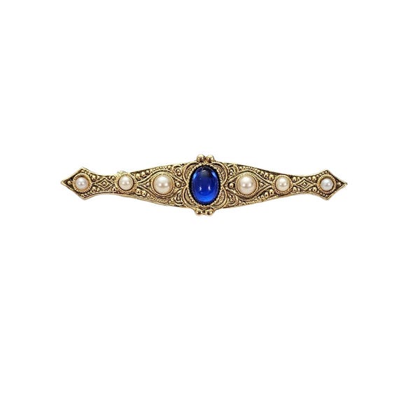 1928 Brand Faux Pearl Blue Cabochon Bar Pin Brooch L493