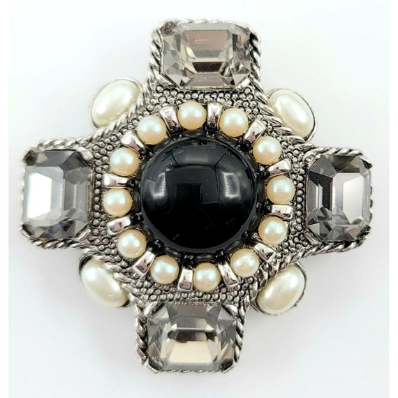 Ciner Brooch Pendant, Silver tone Black Lucite, Rhinestone Simulated Pearl, NOS