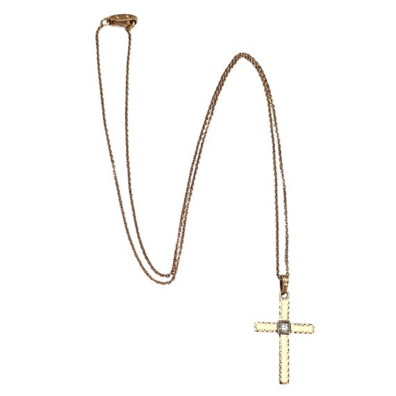 10K Yellow Gold, Diamond Chip Cross Pendant Vintage Chain Necklace, 18.5 " Long L542