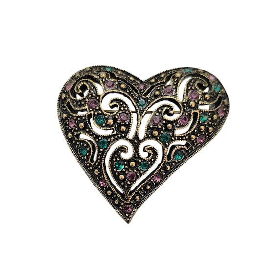 1928 Brand Pink Green Rhinestone Heart Brooch Pin