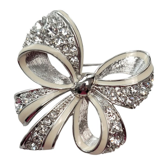 Nolan Miller Vintage Silver Tone White Enamel Clear Rhinestone Bow Brooch, Signed