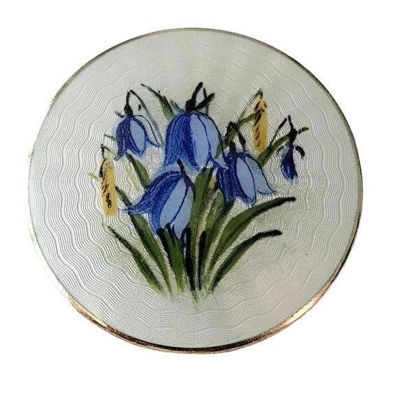 Finn Jensen Norway Round Sterling Purple White Guilloche Morning Glory Flower Brooch, Signed L356