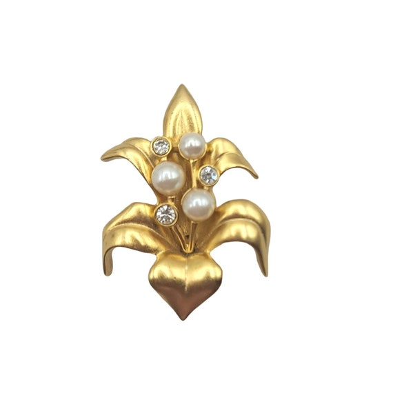 Swarovski Goldtone Pearl Flower, Leaf Lily Brooch, Pin Signed