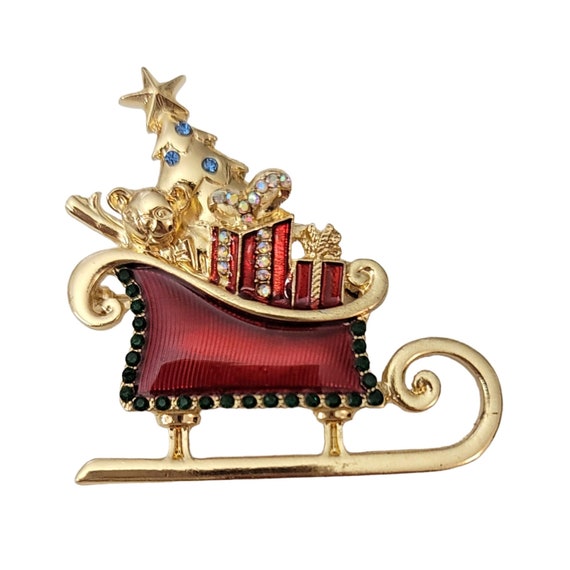 Monet Christmas Santa Sleigh Red Enamel Rhinestone Brooch Pin, Signed