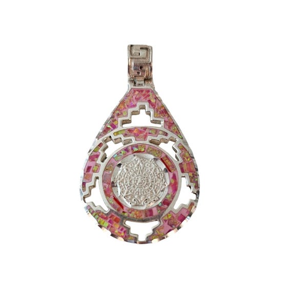 Taxco Cardenas Hinged Pink Enamel Pendant, 950 Silver, Aztec Calendar Style, Vintage L479