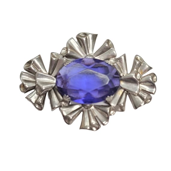 Coro Silver-Tone Art Deco Modernist Molded Faceted Blue Glass Brooch