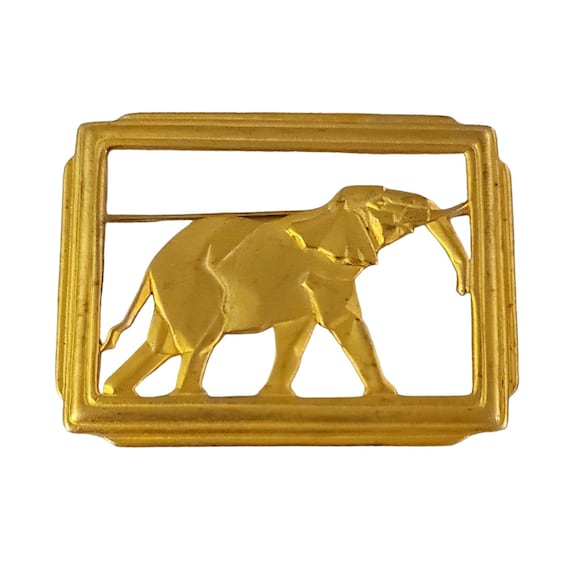JJ Jonette Jewelry Gold Tone Elephant Framed Brooch Pin, Signed K544