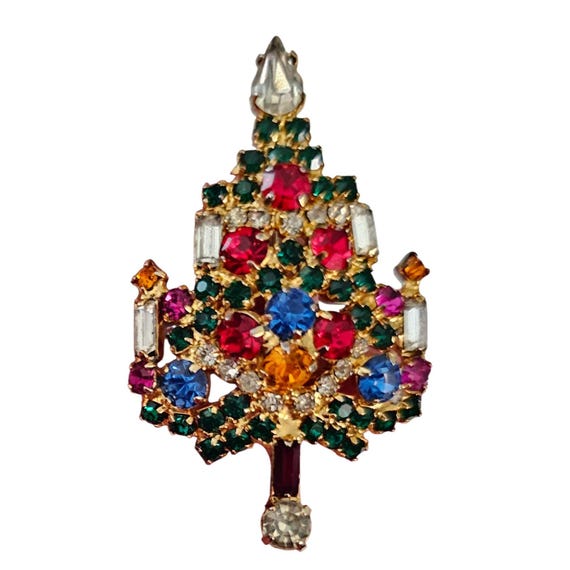 Warner Christmas Tree Brooch, Vintage Rhinestone, Signed
