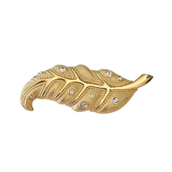 Swarovski Gold Tone Clear Crystal Textured Leaf Brooch, Swan Logo Marked, J70