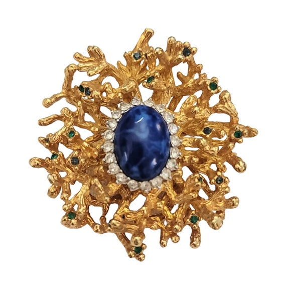 Gilded Gold Tone Brutalist Faux Lapis Clear Blue Green Rhinestone Brooch Pendant K849