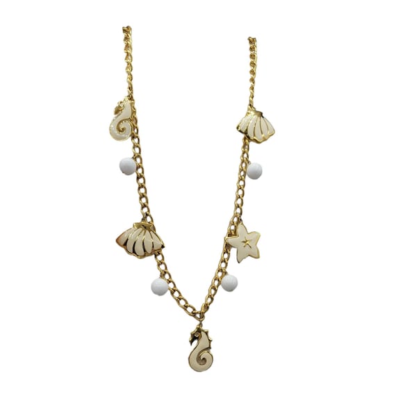 Napier Goldtone White Enamel Seahorse Shell White Bead Necklace, 30"