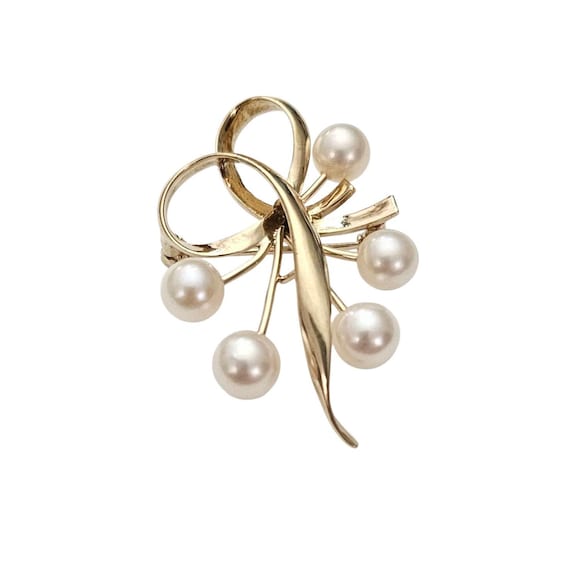 Mikimoto 14K Yellow Gold Akoya Pearls & Ribbon Brooch Signed