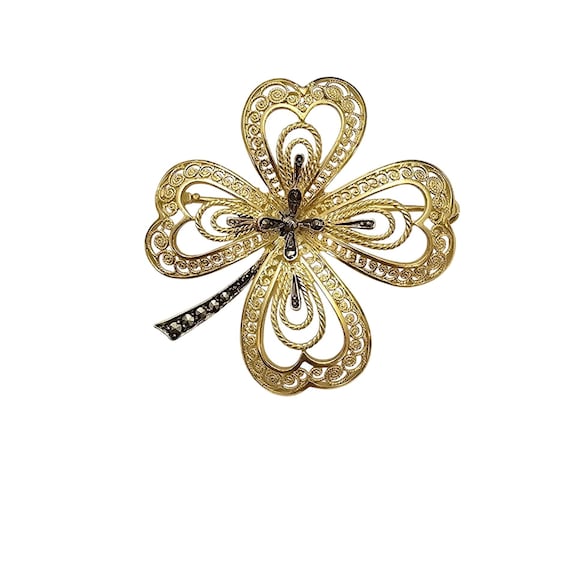 Vermeil Marcasite Clover Brooch, Sterling Germany Marcasite Pin