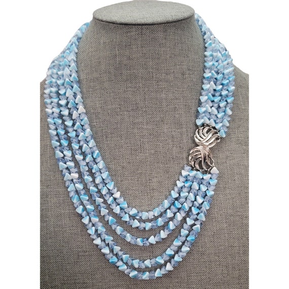 Trifari Blue Multi Strand Torsade Blue Art Givre Glass Triangular Bead Necklace 22.5" Long, Signed E175