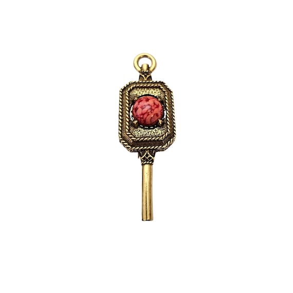 Jeanne Red Mottled Glass Cabochon Brooch Watch Key Pin Signed, J614
