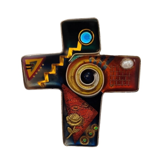 Yossi Steinberg Resin Pearl Rhinestone Mixed Element Cross Brooch Pin K591