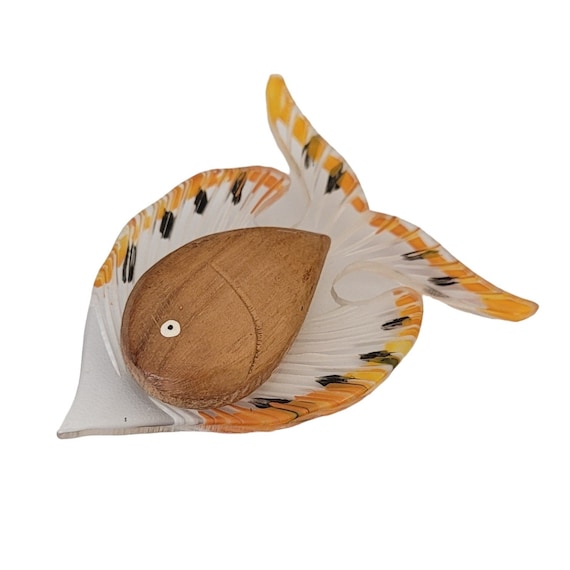 Clear Lucite, Carved Wood Fish Brooch, M149