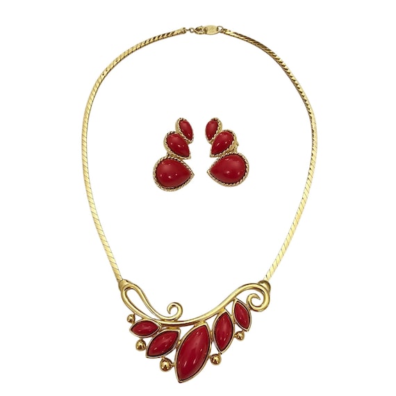 Trifari Vintage Red Lucite Necklace Matching Clip-On Earrings Set, Signed