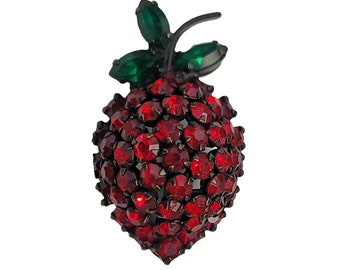 Vintage Warner Red Rhinestone Strawberry Fruit Brooch Pin Japanned Back, Signed