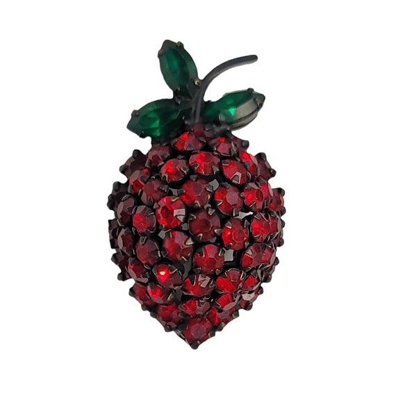 Vintage Warner Red Rhinestone Strawberry Fruit Brooch Pin Japanned Back, Signed
