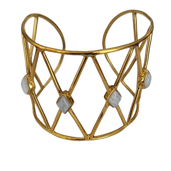 Gold Tone Designer Marked Open Lattice Style Genuine Bezel Set Stones Cuff Bracelet, K327