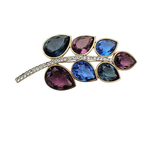 Swarovski Open Back Crystal Leaf Brooch, Purple Blue Clear Marked Swan Logo Pin