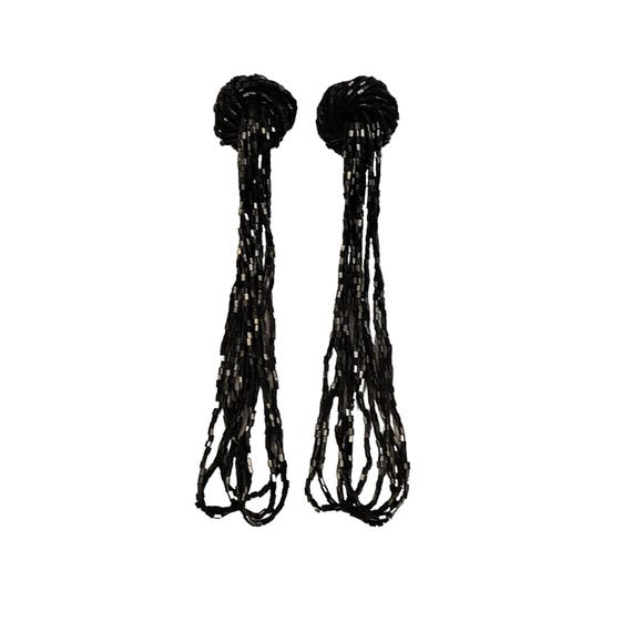 Black Glass Long Bead Round Cluster Tassel Clip On Earrings L282