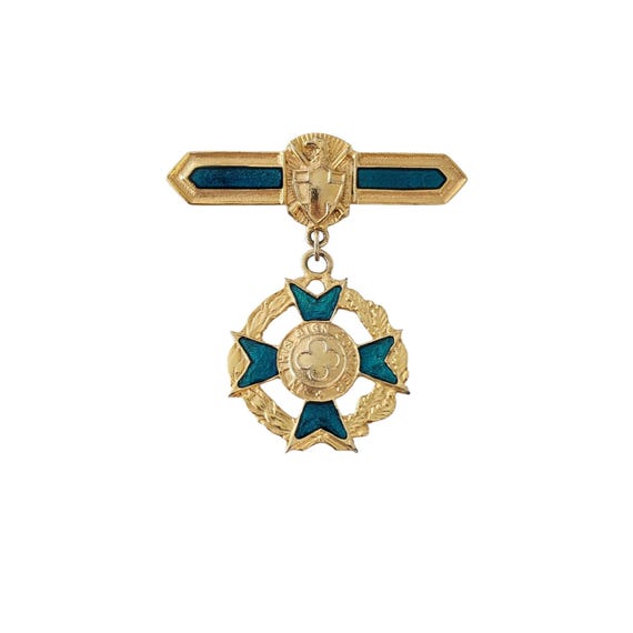 Gold Tone In This Sign Conquer Maltese Cross Teal Enamel Brooch Dangle Medal Pin