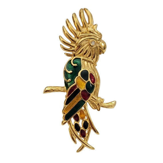 Anne Klein Gold Tone Enamel Rhinestone Parrot Macaw Brooch, Signed M851