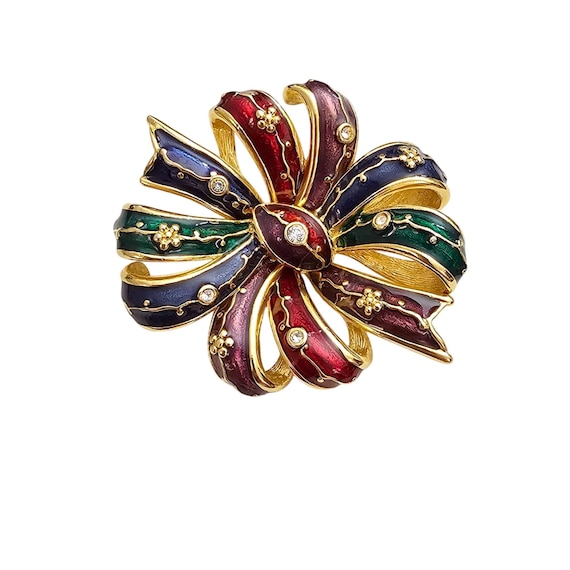 Joan Rivers Bow Brooch Clear Rhinestone Colored Enamel Cluster Pin Signed J355