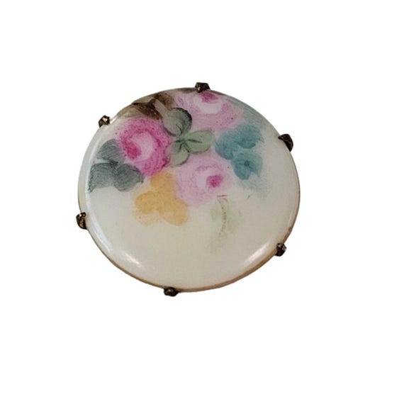 Victorian Porcelain Flower Painted Round C-Clasp Pin L194