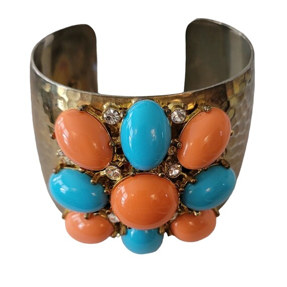Graziano Hammered Wide Cuff Teal, Coral Color Cab Bracelet, Signed E793