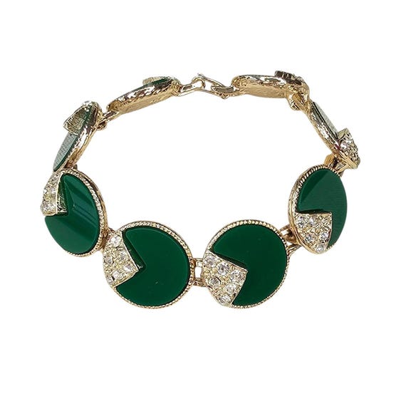 Gold Tone Clear Rhinestone Green Inlay Vintage Mid Century Link Bracelet
