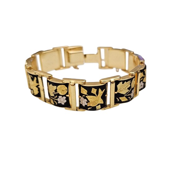 Damascene Hinged Bird Leaf Floral Panel Bracelet, Tongue & Safety Clasp, J55