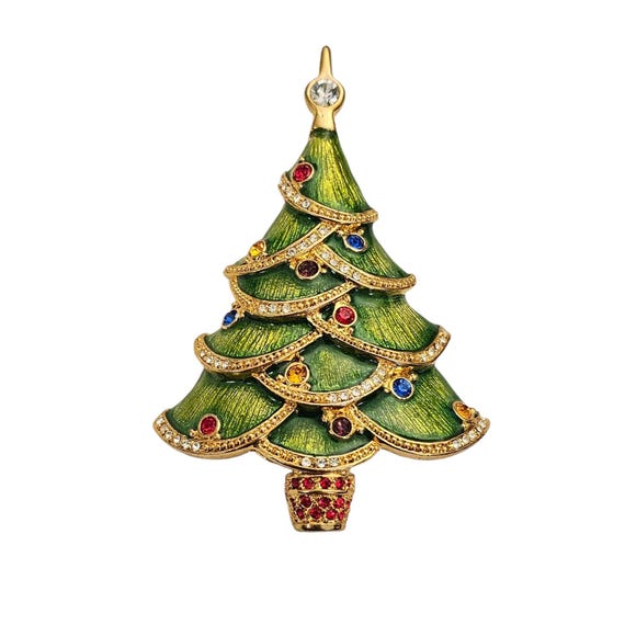 Christopher Radko Green Enamel Christmas Tree Brooch Rhinestone Pin, Signed L650
