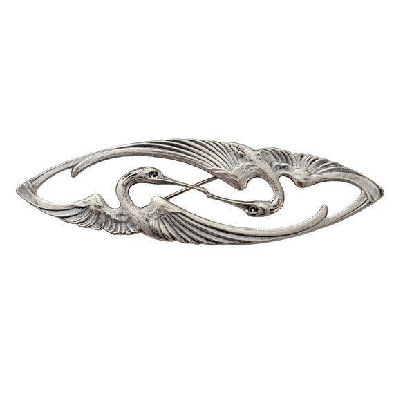 Silver Tone Art Nouveau West Germany Crane Pair Oval Brooch, K222