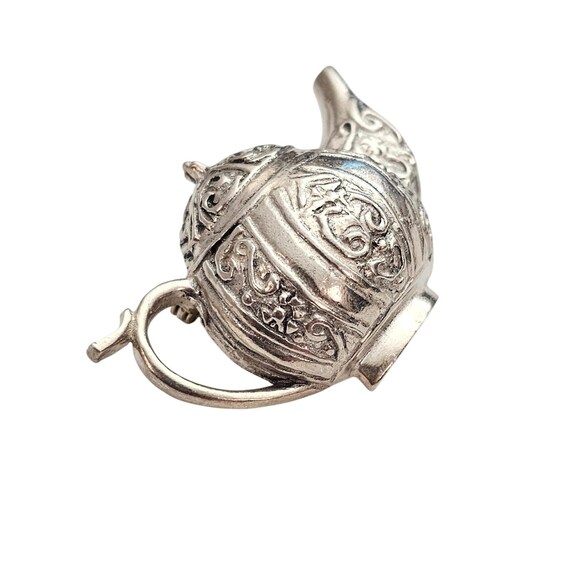Sterling Silver Repousse Teapot Brooch Scroll Design Pin J379 View 4