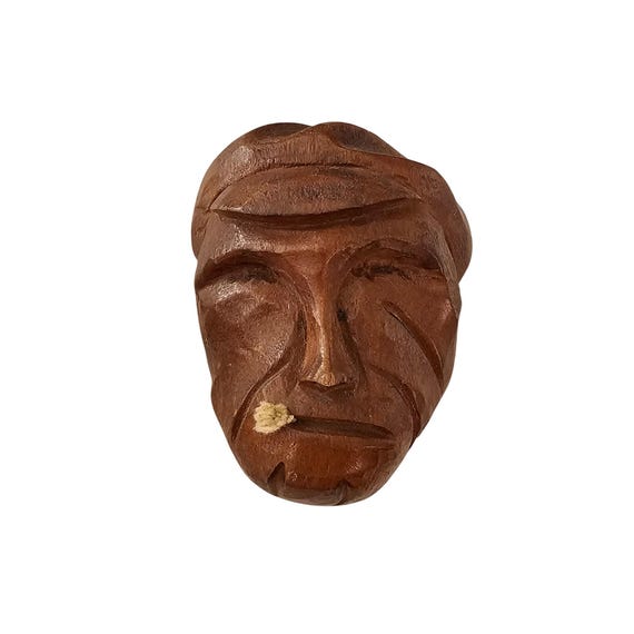 Vintage Folk Art Wood Carved Fisherman Brooch Cigarette In Mouth Pin J521