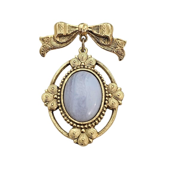 1928 Brand Bow Brooch Oval Setting, Blue Lab Agate Pin