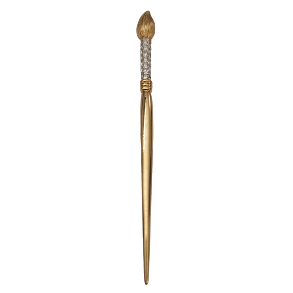 Carolee Gold-Tone Clear Rhinestone Artist Paint Brush Brooch Pin, Signed K899