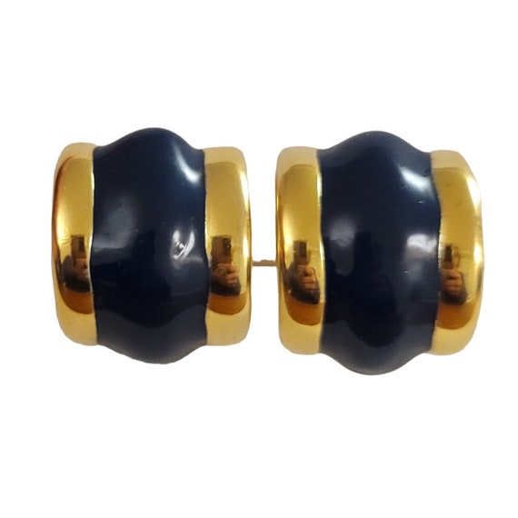 Gold Tone Black Enamel, Designer Style Wide C, Half Hoop Clip On Earrings K960