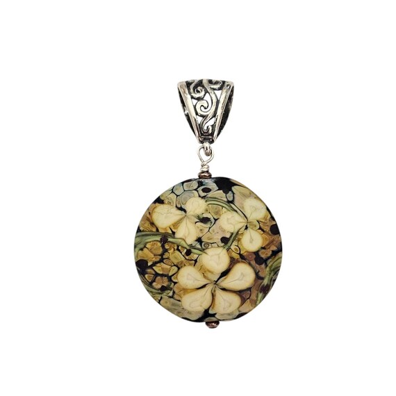 Green Black Round Floral Matte Art Glass Sterling Chunky Bale Pendant L830