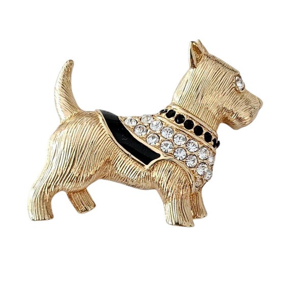 Swarovski Terrier Brooch, Black Enamel Clear Crystal Dog Pin Signed, J98