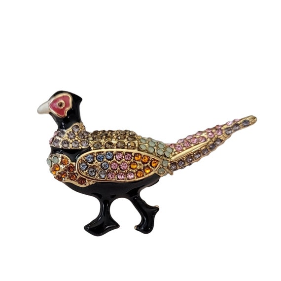 Talbots Gold Tone Multi Color Rhinestone Pheasant Bird Brooch, Signed E732